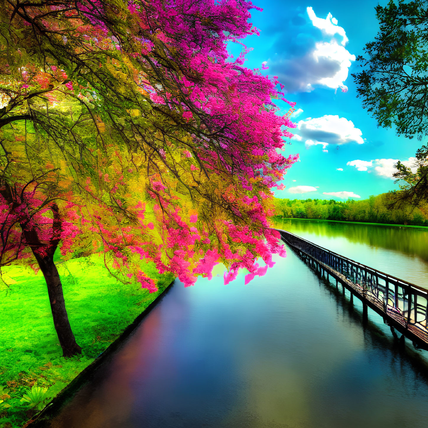 Pink Blossoms Tree Over Tranquil River with Footbridge