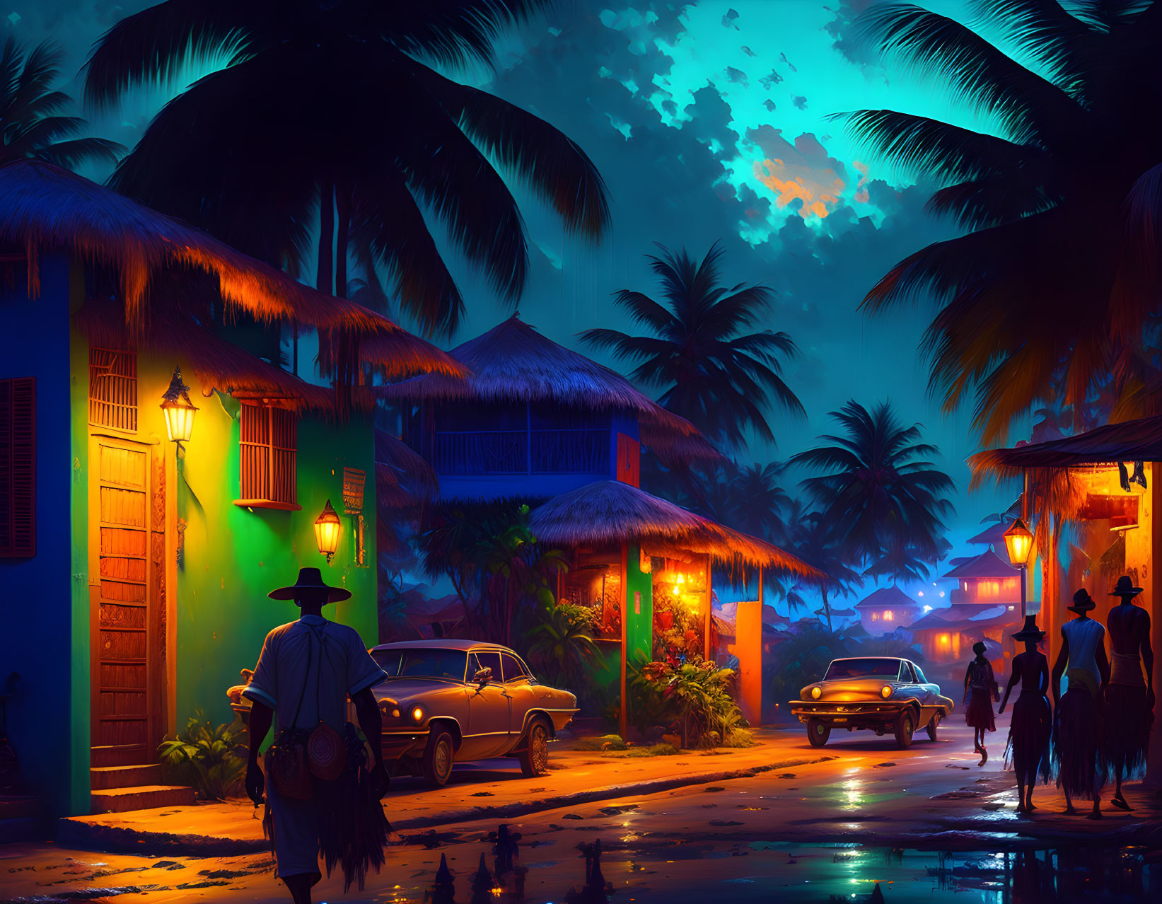 Tropical Dusk Street Scene with Palm Trees, Colorful Houses, Vintage Cars, and People