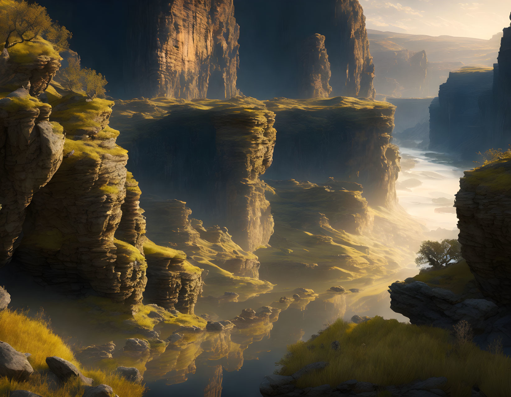 Tranquil landscape with towering cliffs, lush overhangs, meandering river, and soft sunlight