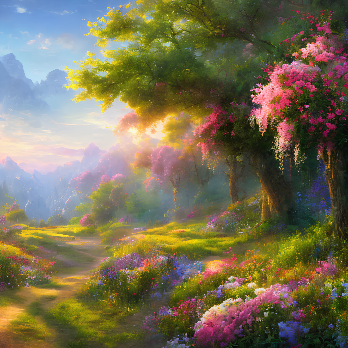 Scenic landscape with sunlit path, pink blossoms, lush flora, and misty mountains