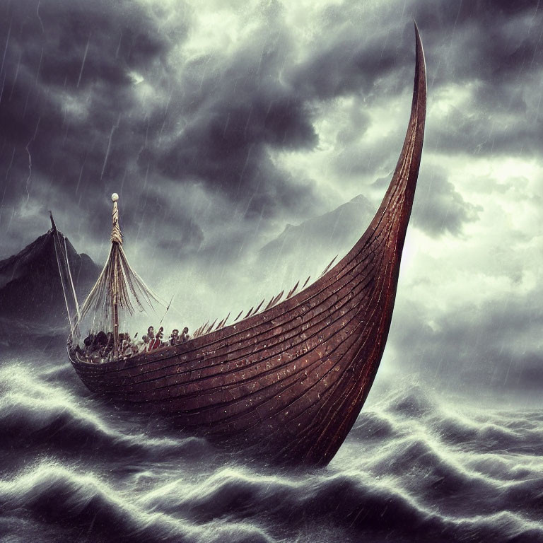 Viking longship sailing in stormy seas with billowing sails