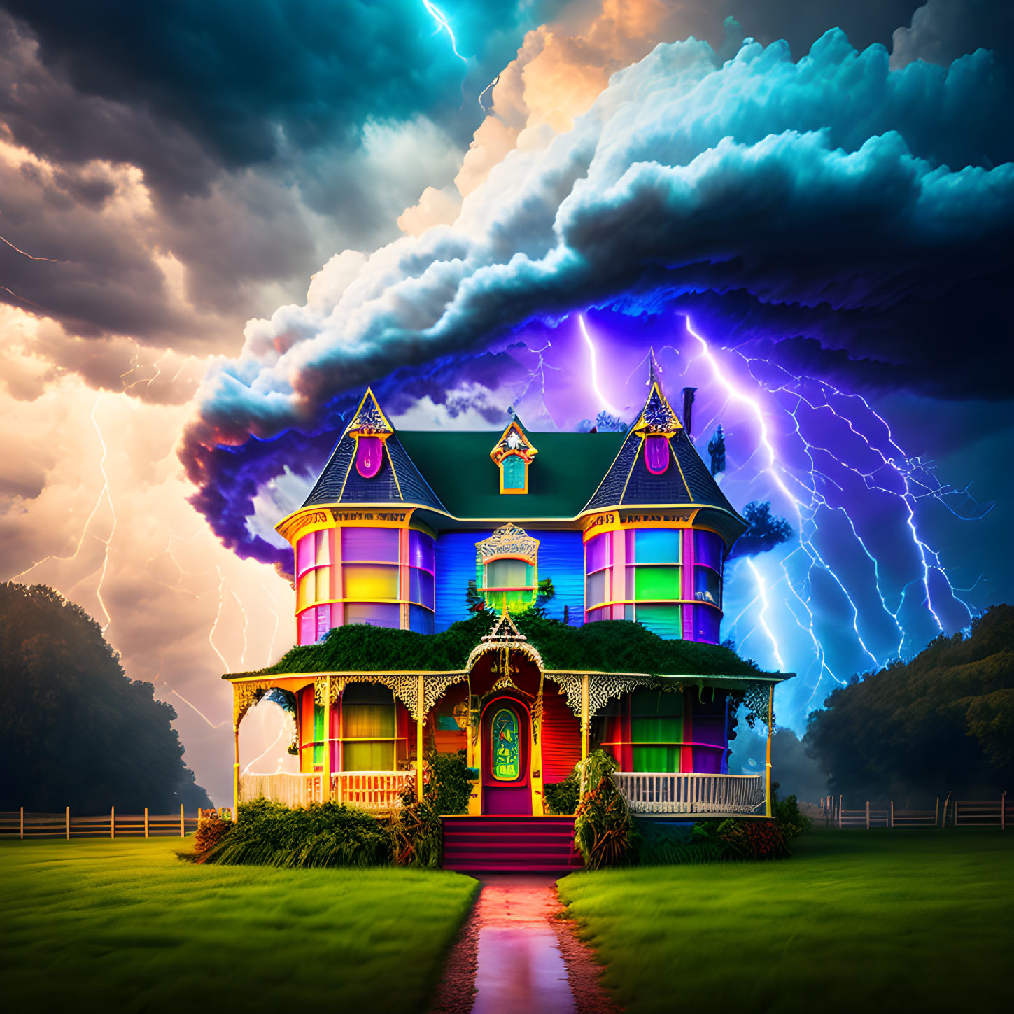 Victorian house with illuminated windows under dramatic stormy sky