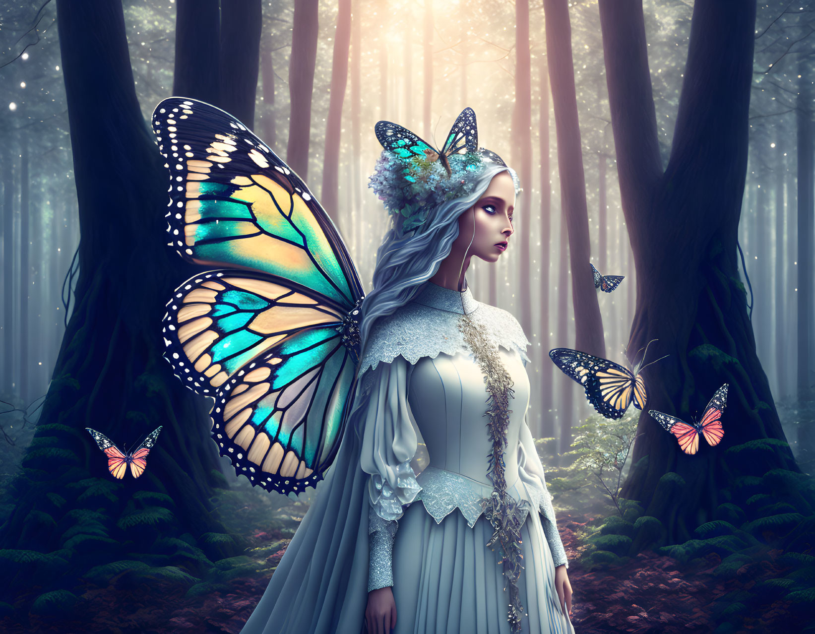 Woman with butterfly wings and flower crown in mystical forest with butterflies