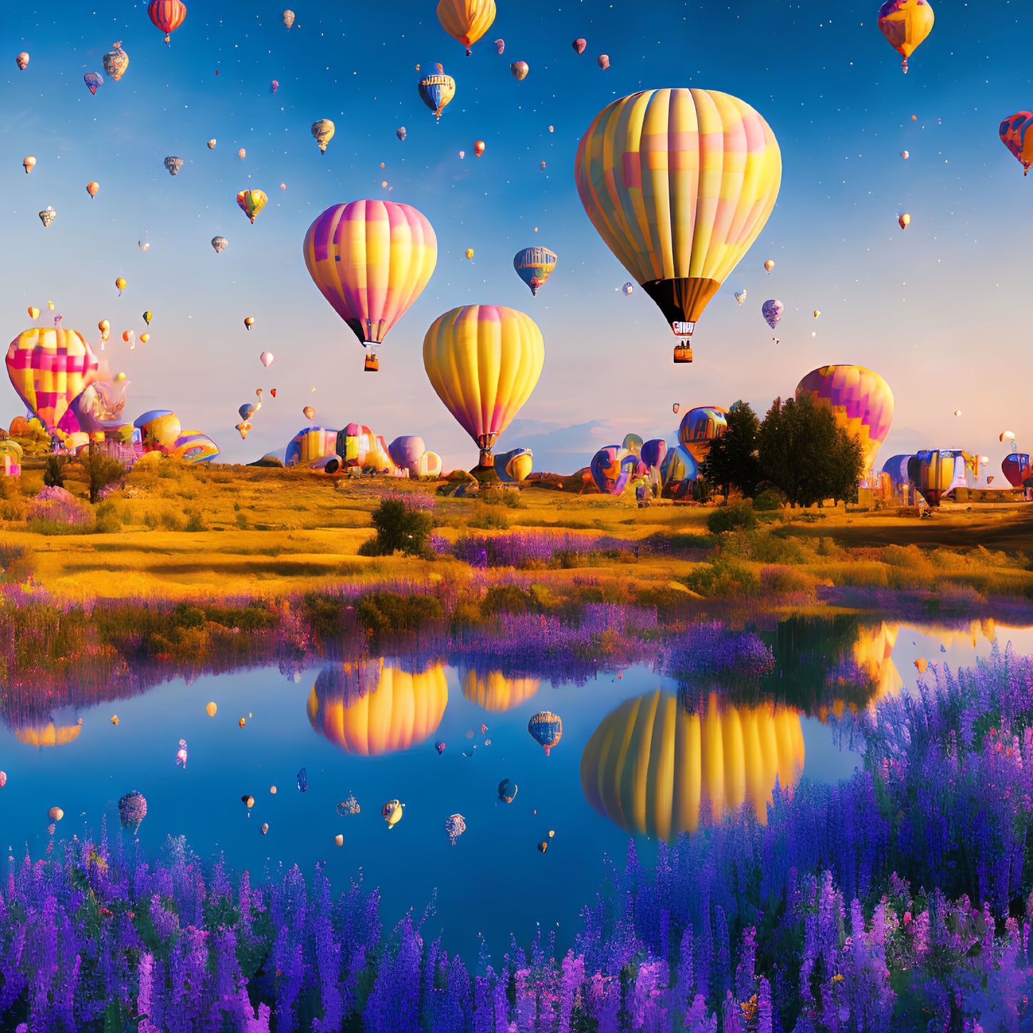 Colorful hot air balloons over vibrant landscape with water and flowers at sunset