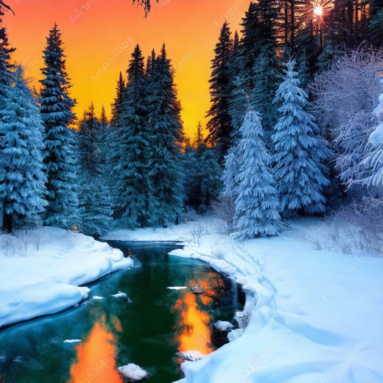 Winter scene: Snow-covered trees by frozen river at sunset