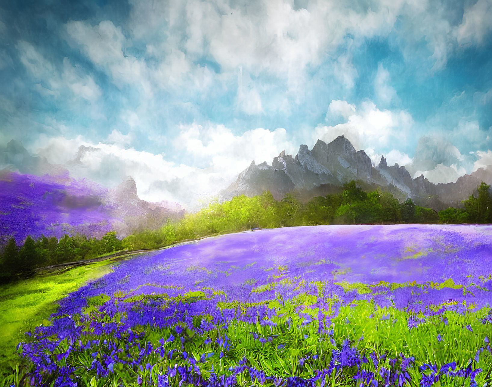 Scenic landscape with purple flower field, greenery, and mountains