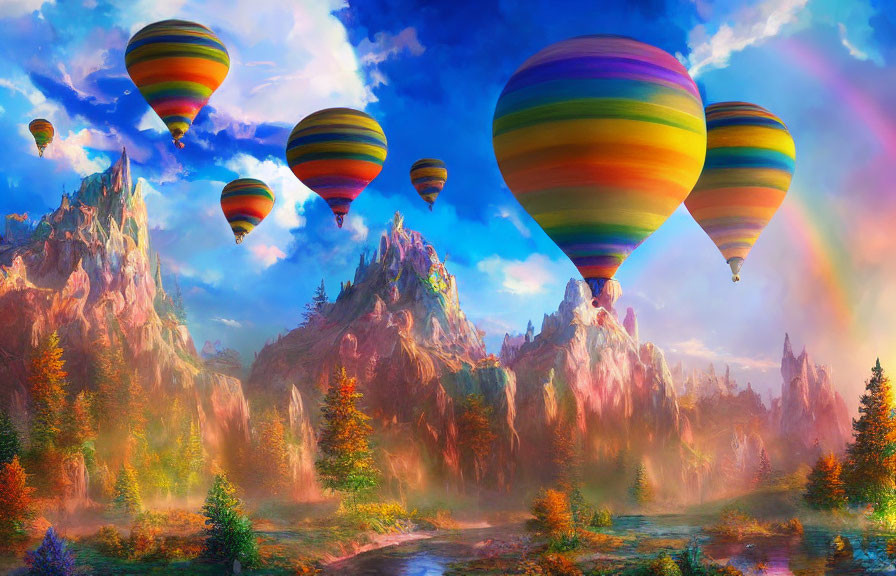 Colorful hot air balloons flying over vibrant fantasy landscape with rainbow sky