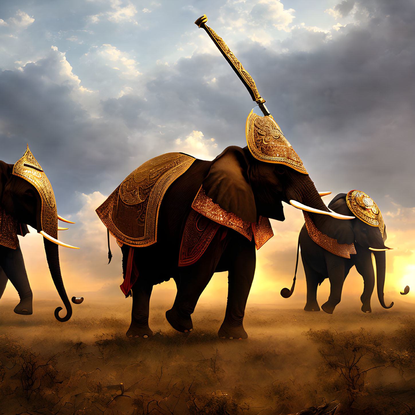 Decorated elephants under dramatic sunset sky walking in dusty landscape