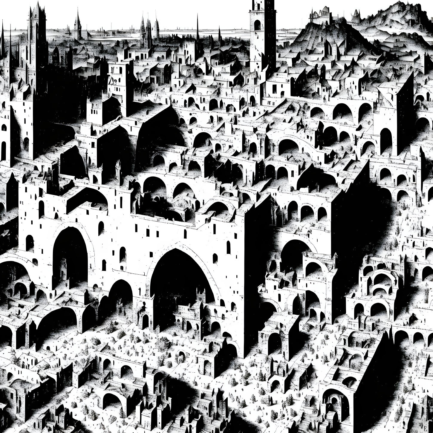 Detailed Black and White Medieval Cityscape with Arches, Bridges, Domes, and Spires