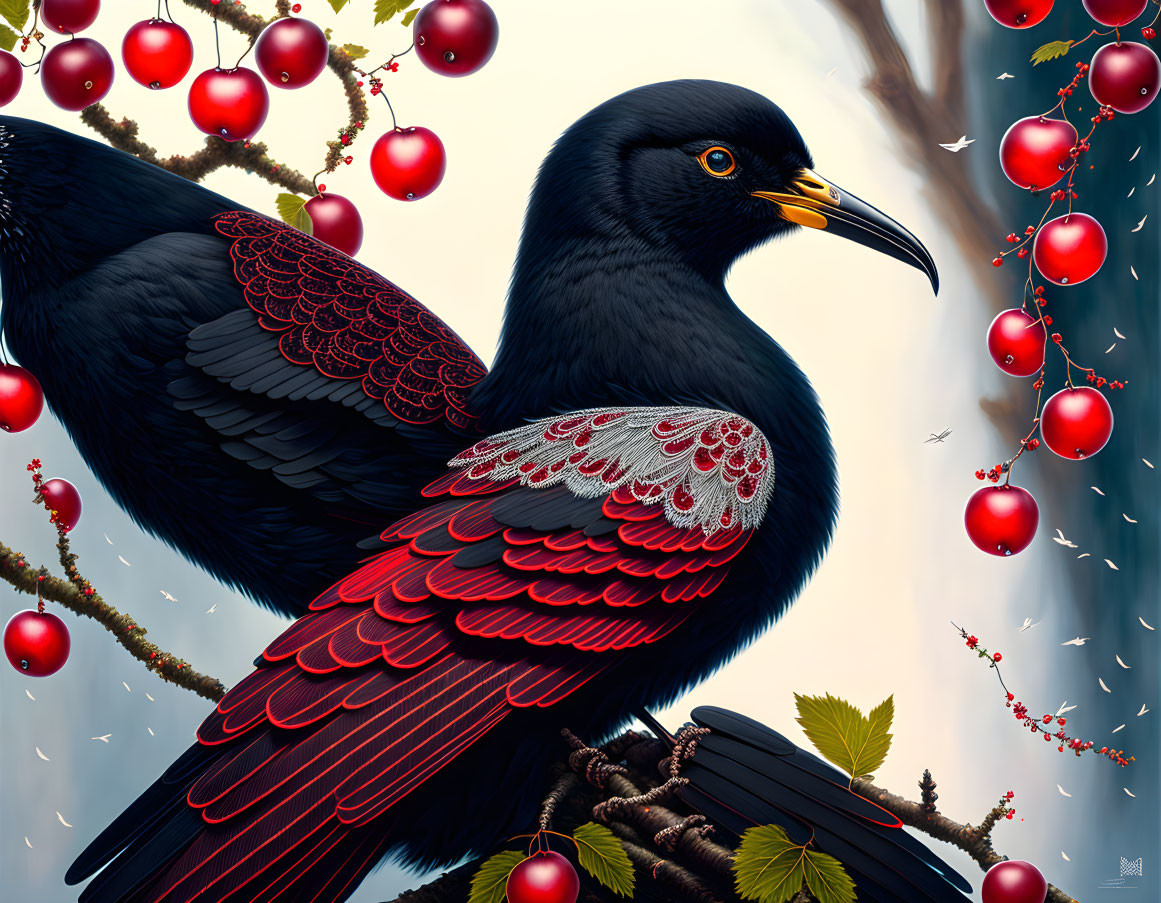 Detailed digital painting of blackbird with red wing detailing and berries in green foliage.