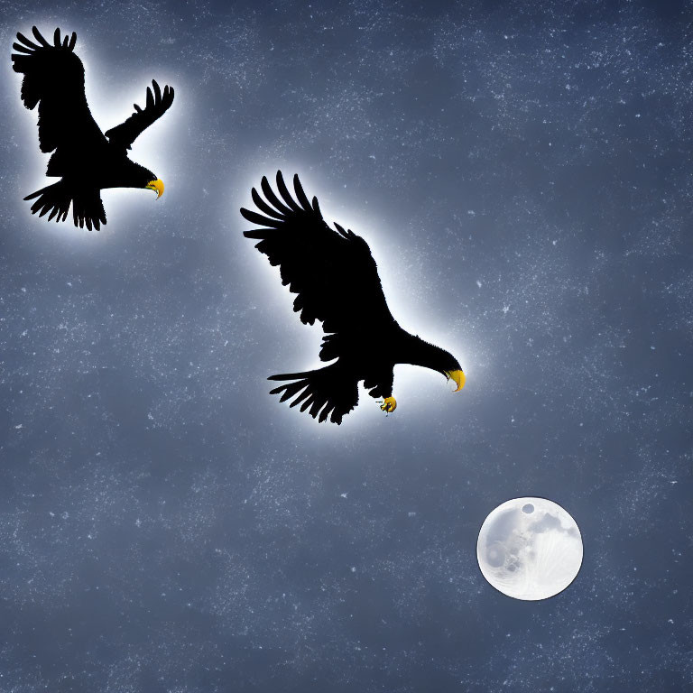 Silhouetted Eagles Flying in Starry Night Sky with Full Moon