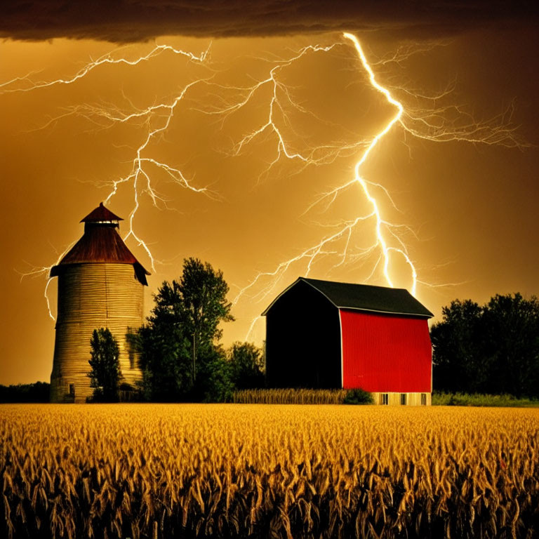 Lightning strikes near red barn in wheat field storm.