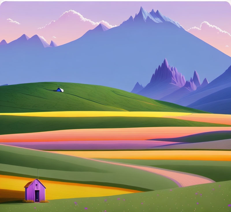 Vibrant minimalist landscape with rolling hills and purple hut