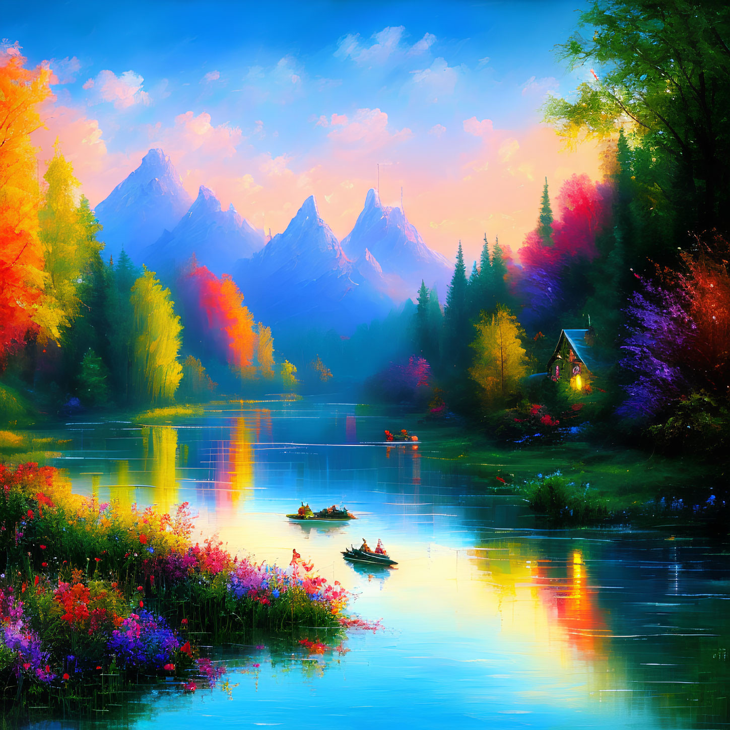 Colorful Landscape with Reflective Lake, Autumn Trees, Mountains, Cottage, and Boats