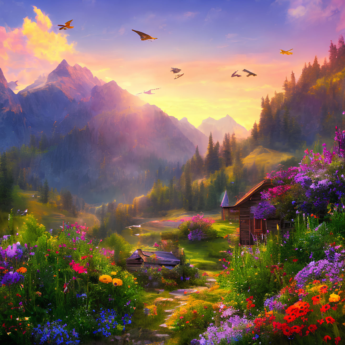 Scenic landscape with wooden cabin, wildflowers, mountains, and birds