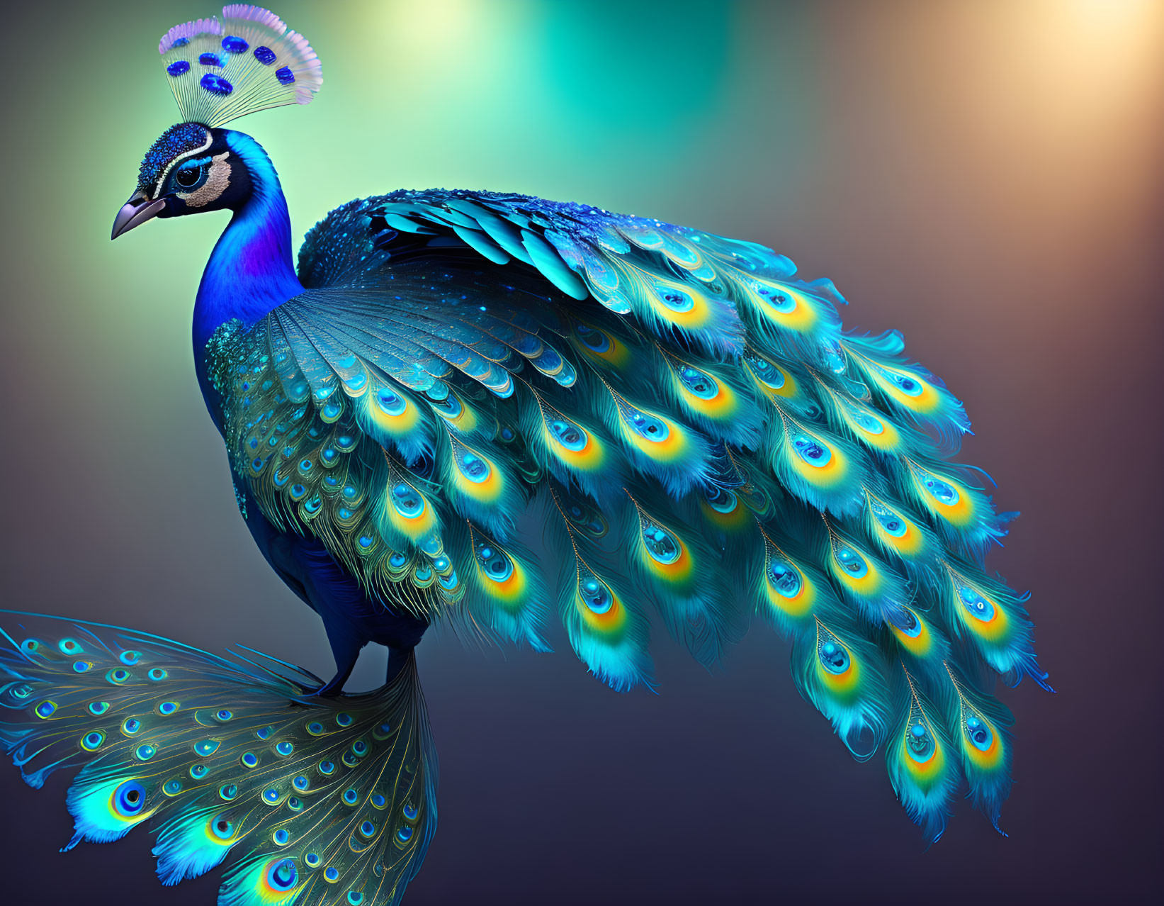 Colorful Peacock with Iridescent Blue and Green Feathers