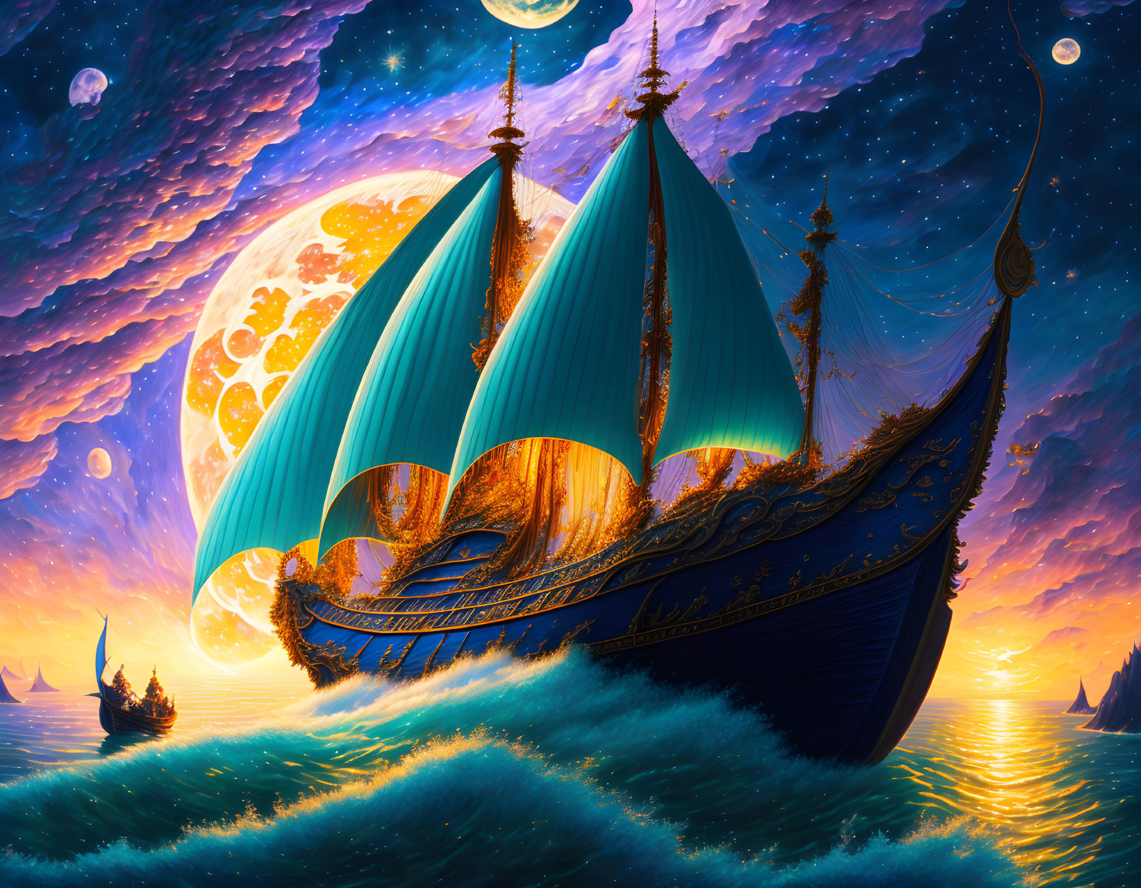 Fantastical ship with teal and orange sails on wavy seas under a starry sky