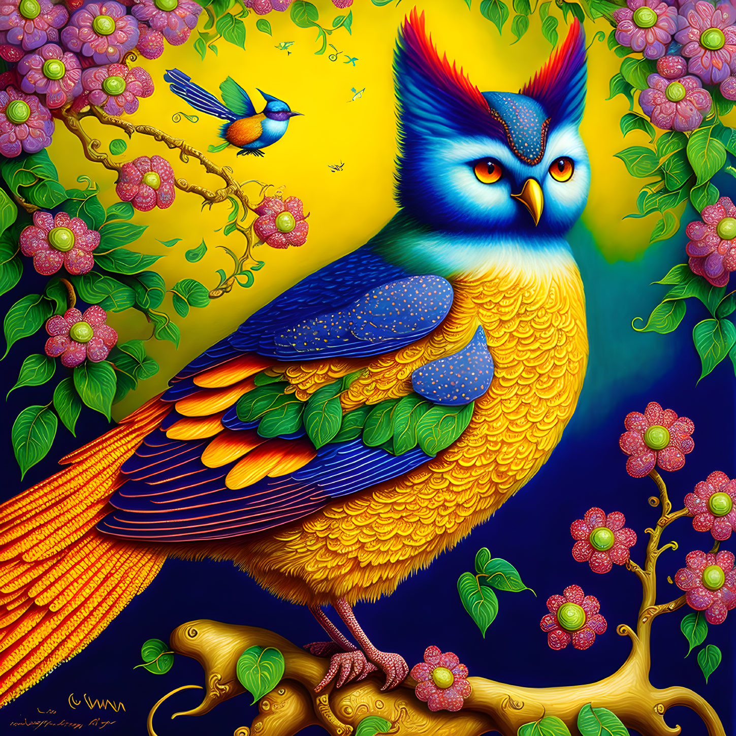 Colorful Stylized Owl Perched on Branch with Flowers and Bird on Yellow Background