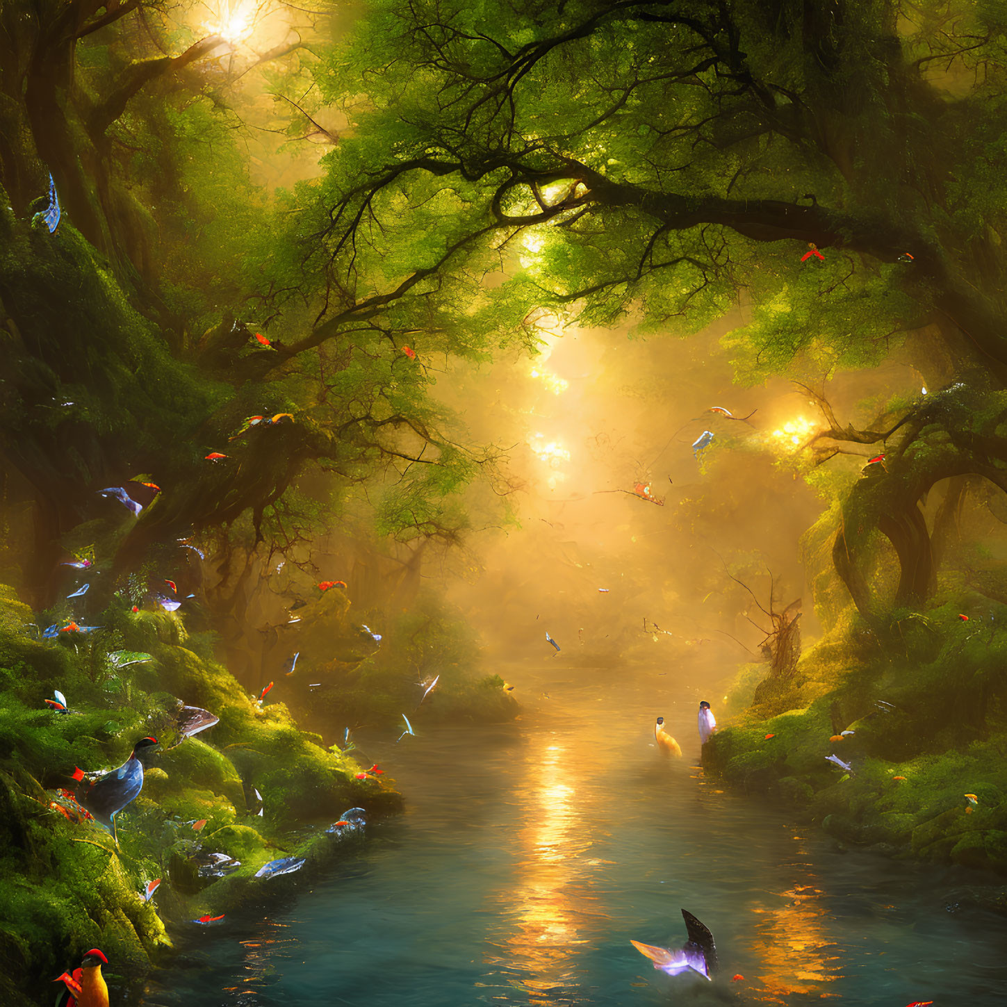 Tranquil forest scene with river, lush greenery, soft sunlight, and colorful birds.