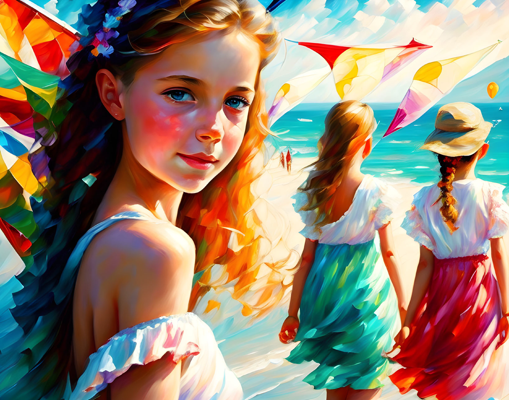 Colorful painting of a girl with a flower, two people with kites on a sunny beach