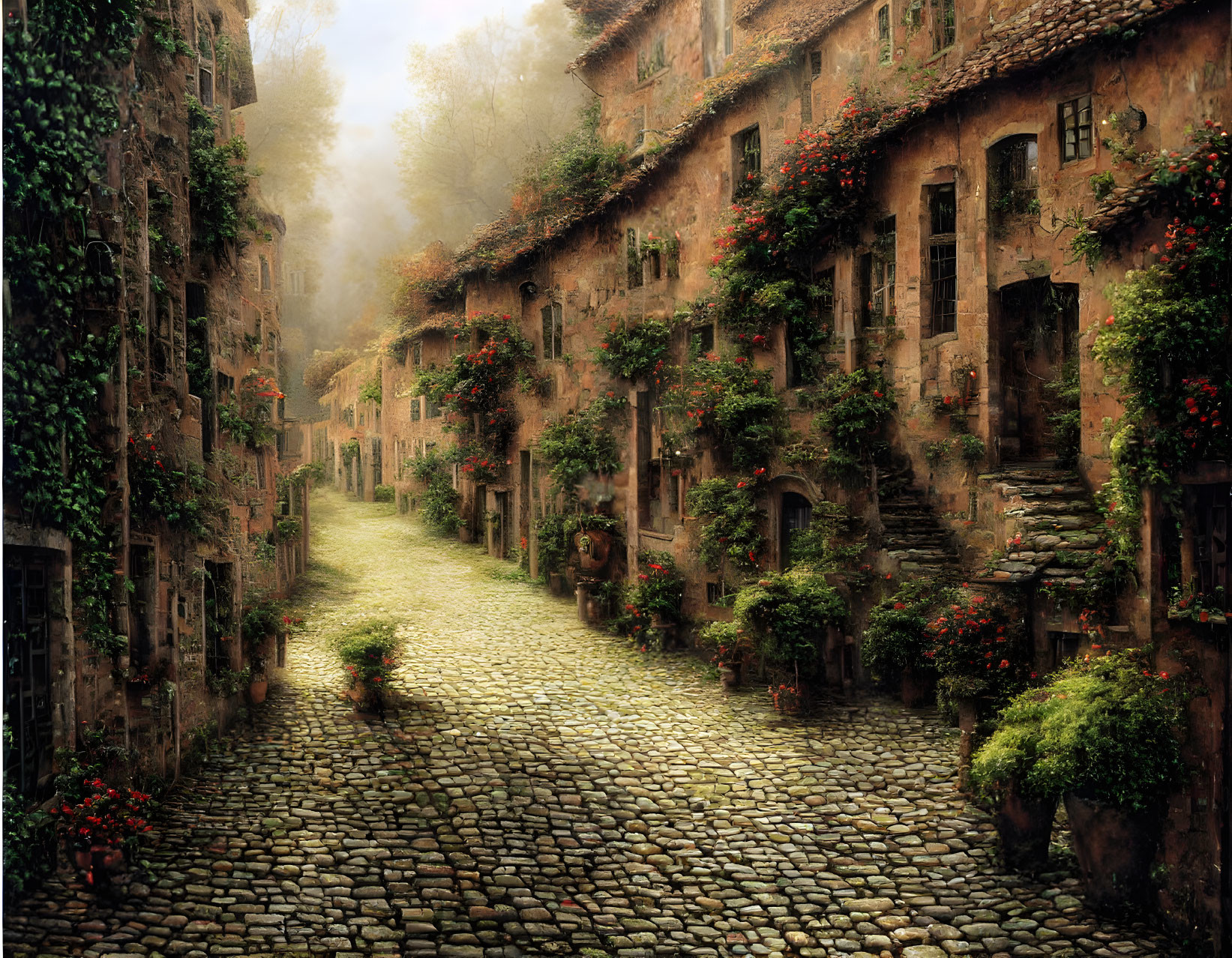 Picturesque cobblestone street in old village with ivy-covered buildings.