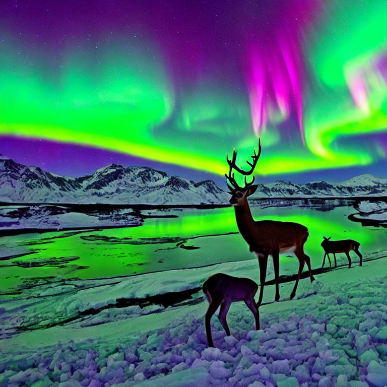 Majestic deer in snowy landscape under vivid aurora borealis