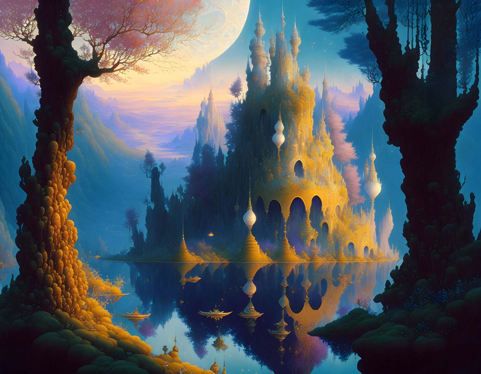 Ethereal castle in fantasy landscape with luminescent trees, calm lake, and twilight sky