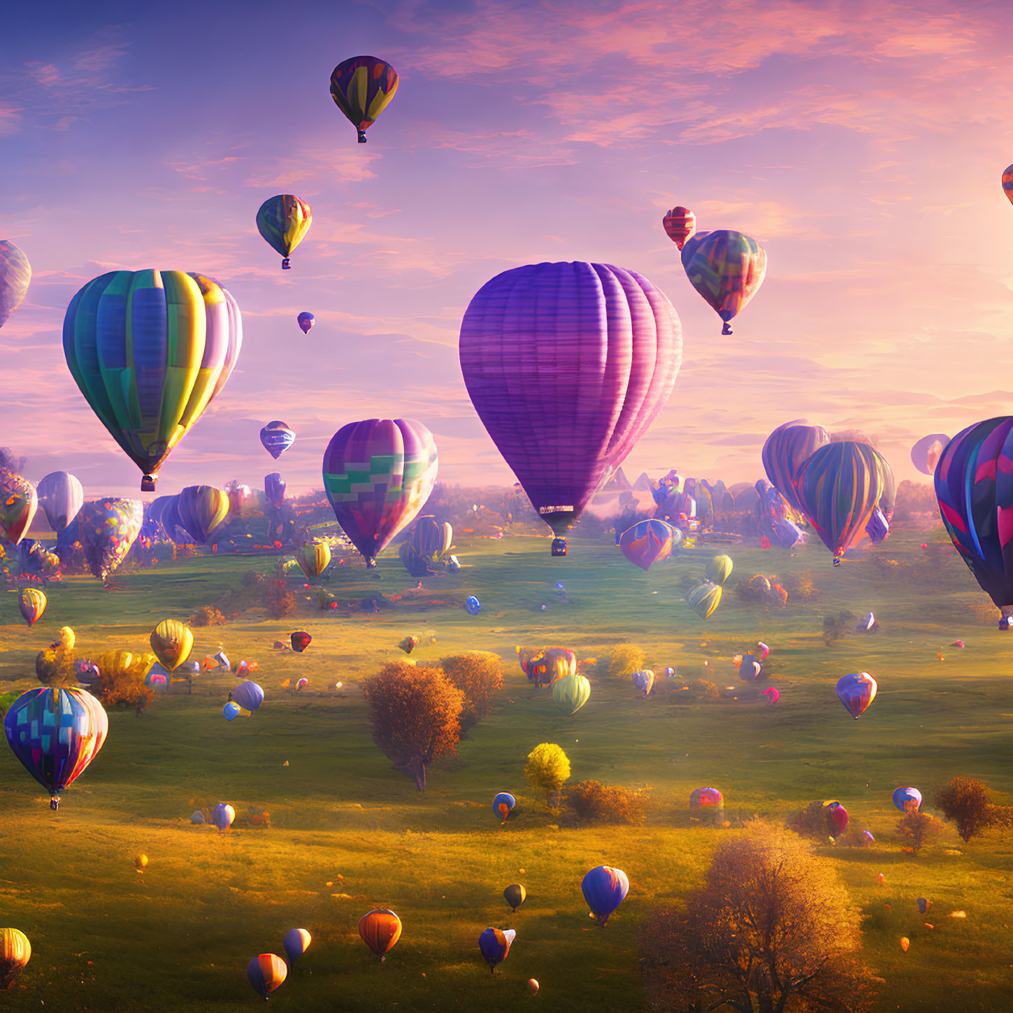 Numerous Hot Air Balloons Float Over Sunset Landscape