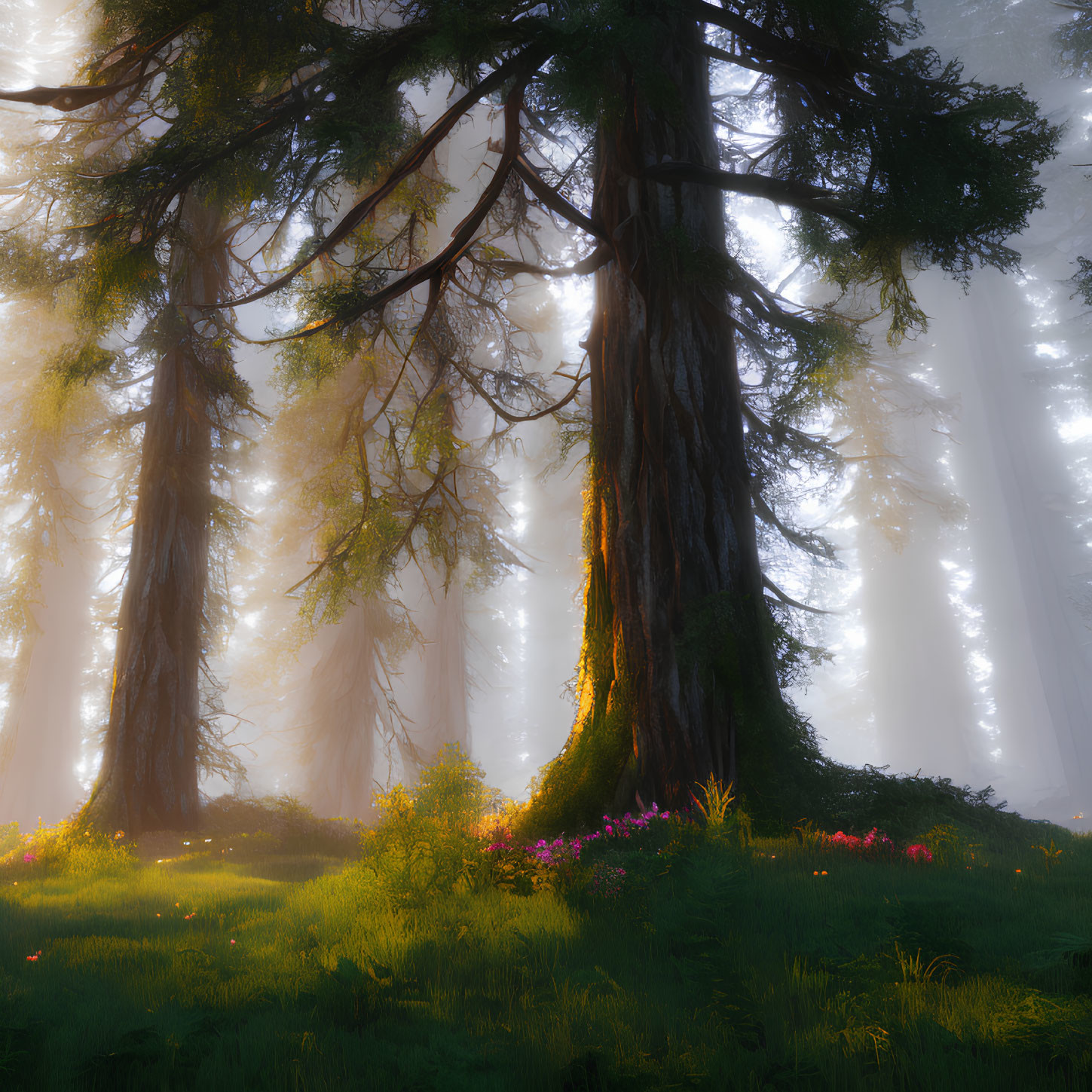 Thick-trunked trees in misty forest with sunlight and colorful flowers