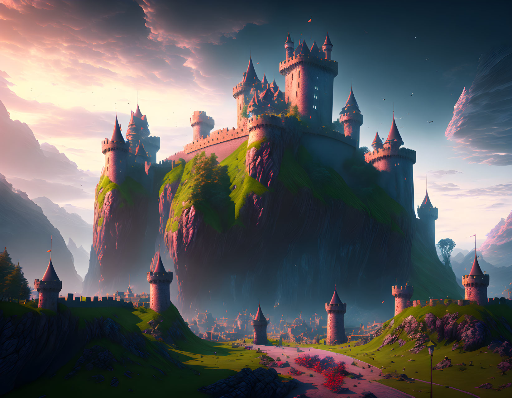 Majestic fantasy castle on lush hill at dramatic sunset