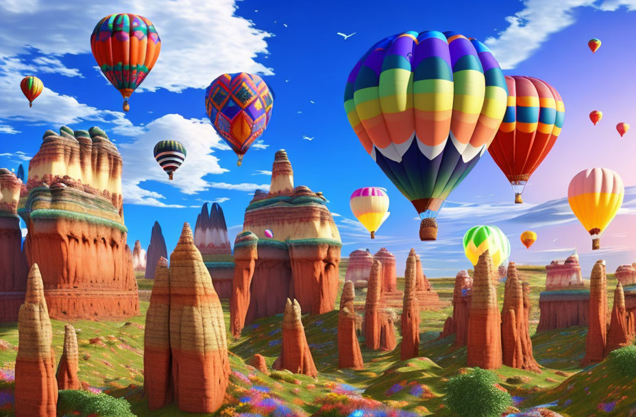 Vibrant hot air balloons over rocky landscape and blue sky