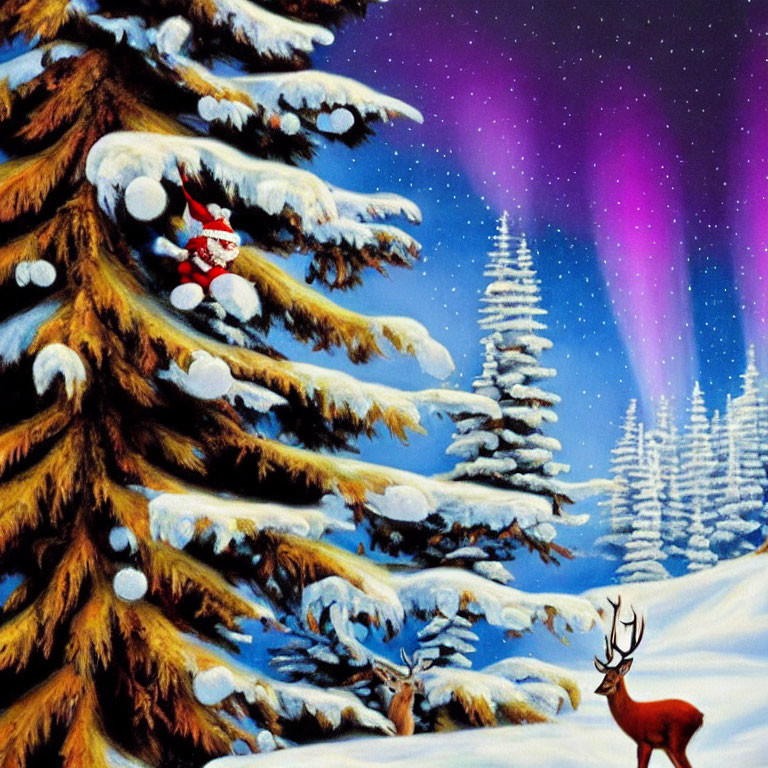 Snowy Winter Scene: Pine Trees, Deer, Starry Sky, Santa Claus