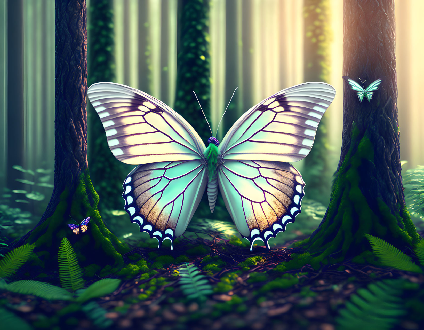 Illustrated large butterfly in magical forest with intricate wing patterns