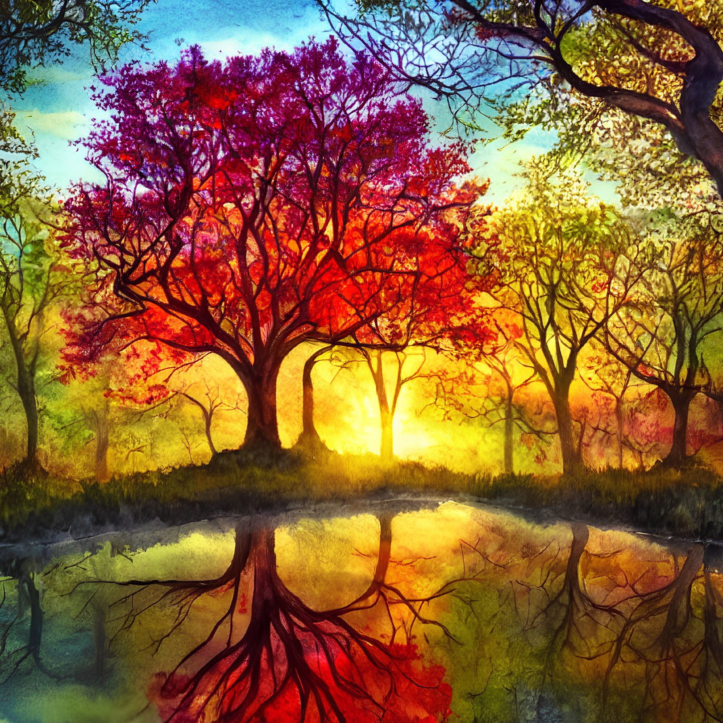 Colorful tree in vibrant forest sunset painting with serene water reflection