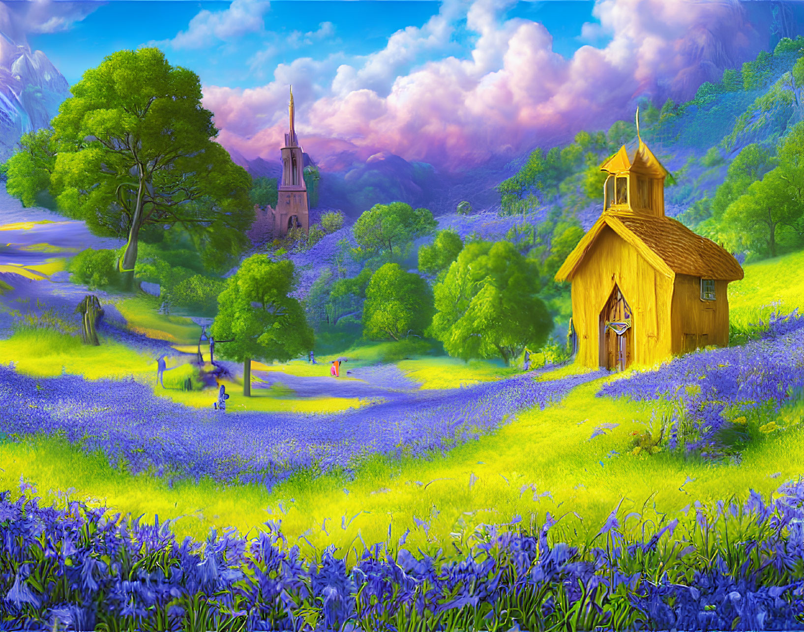 Golden wooden cottage in vibrant landscape with purple flowers and rolling hills