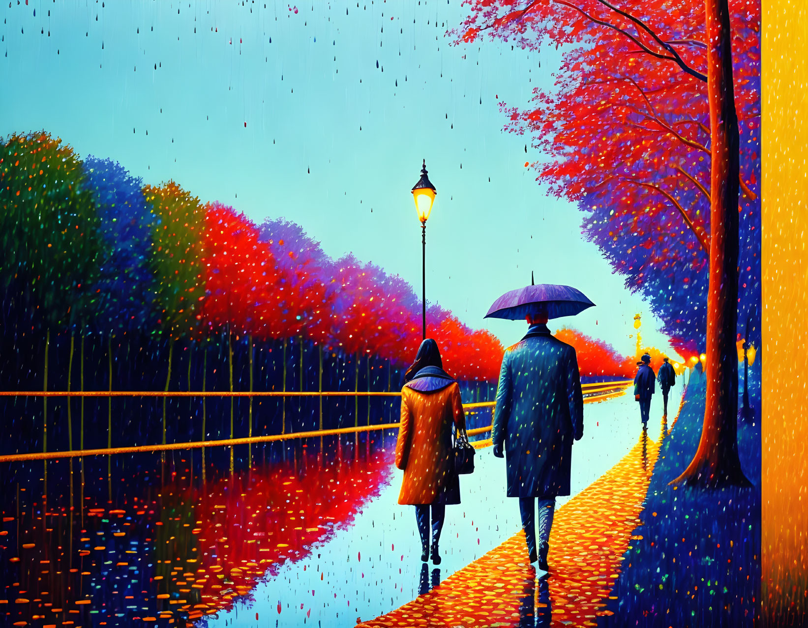 Colorful Rainy Day Stroll Along Water Body With Umbrellas