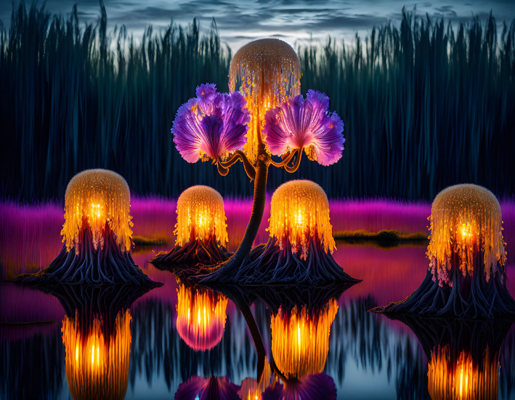 Surreal landscape: Glowing jellyfish-like trees, purple flowers, mirrored water at twilight