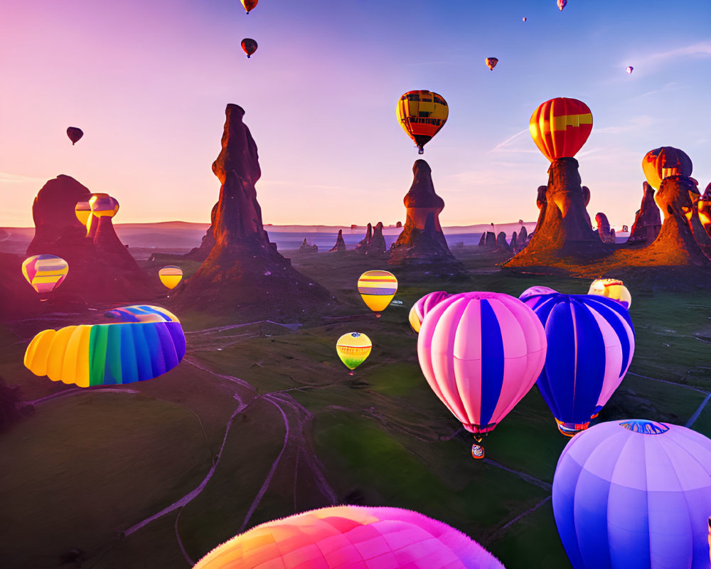 Vibrant Sunrise Landscape with Colorful Hot Air Balloons