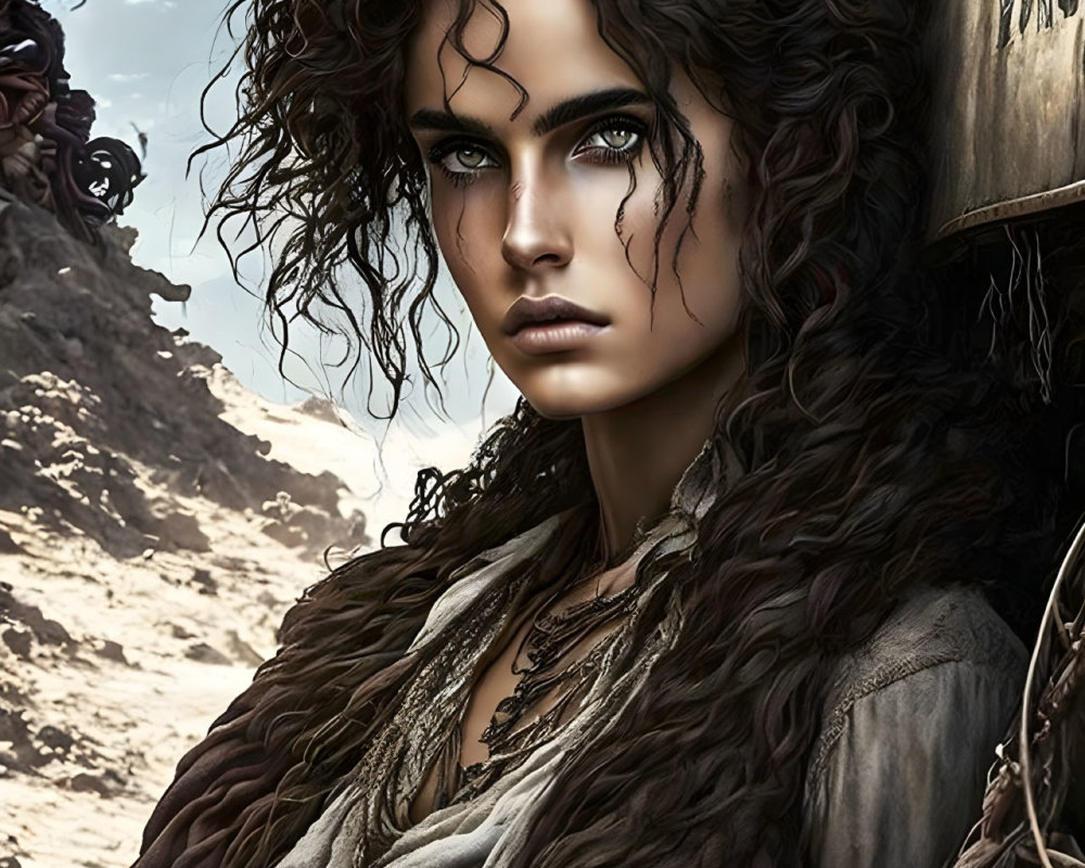 Curly-haired woman in layered clothing in desert with vehicle edge.