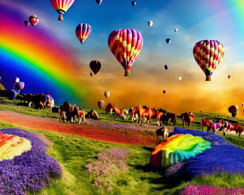 Colorful landscape with hot air balloons, rainbow, horses, and flower fields