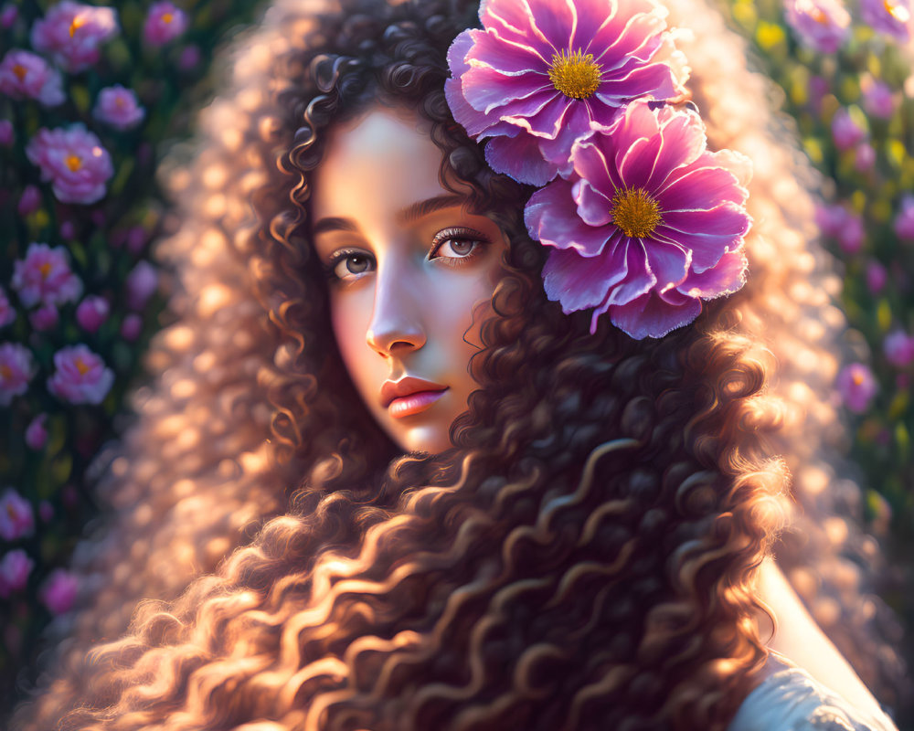 Digital painting of woman with curly hair and pink flowers in front of blooming bushes