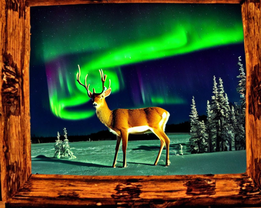 Snow-covered nighttime landscape with deer and northern lights.