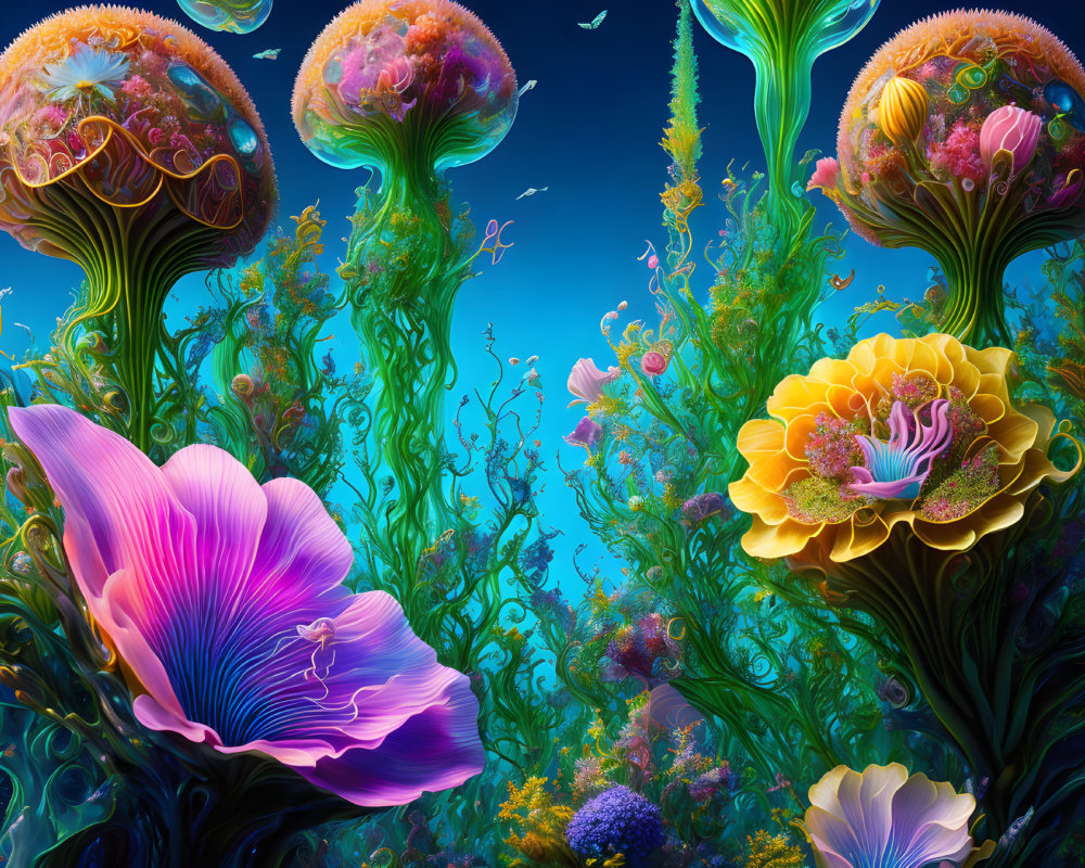 Colorful Underwater Floral Scene with Jellyfish-Like Structures