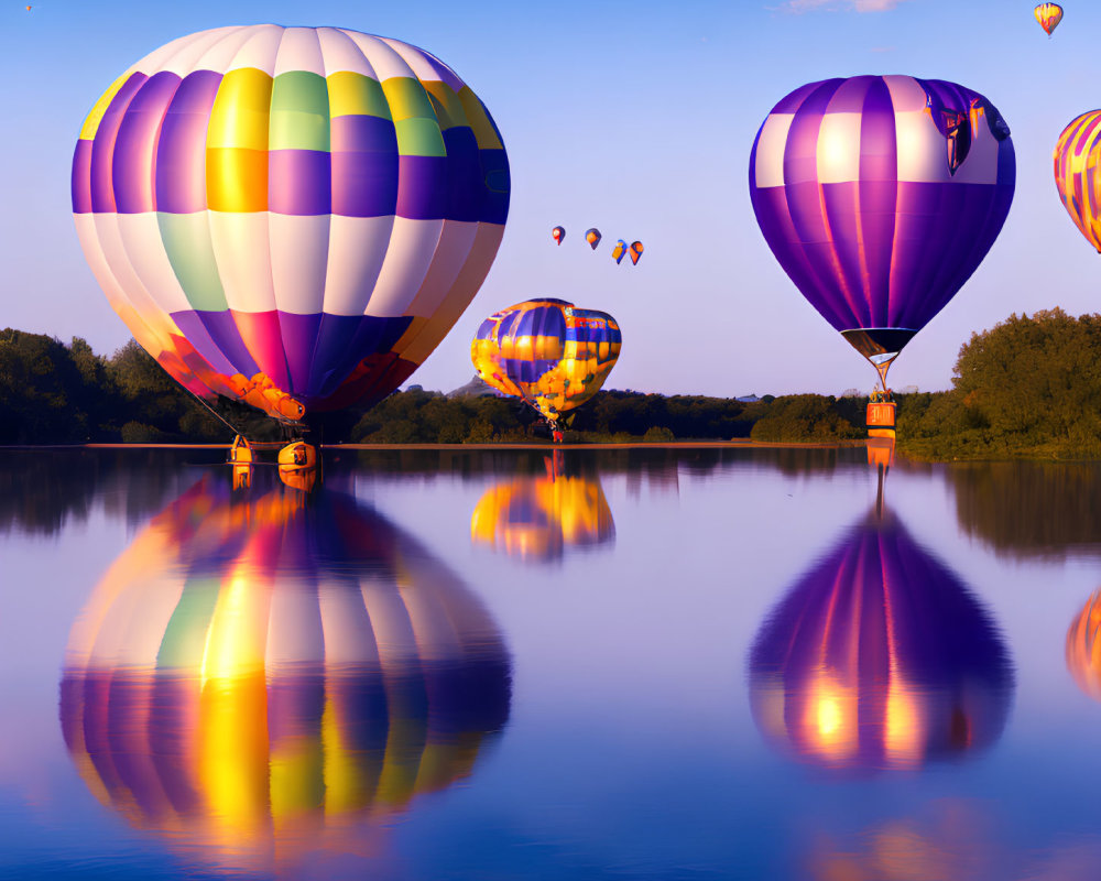 Vivid hot air balloons over serene lake and blue sky