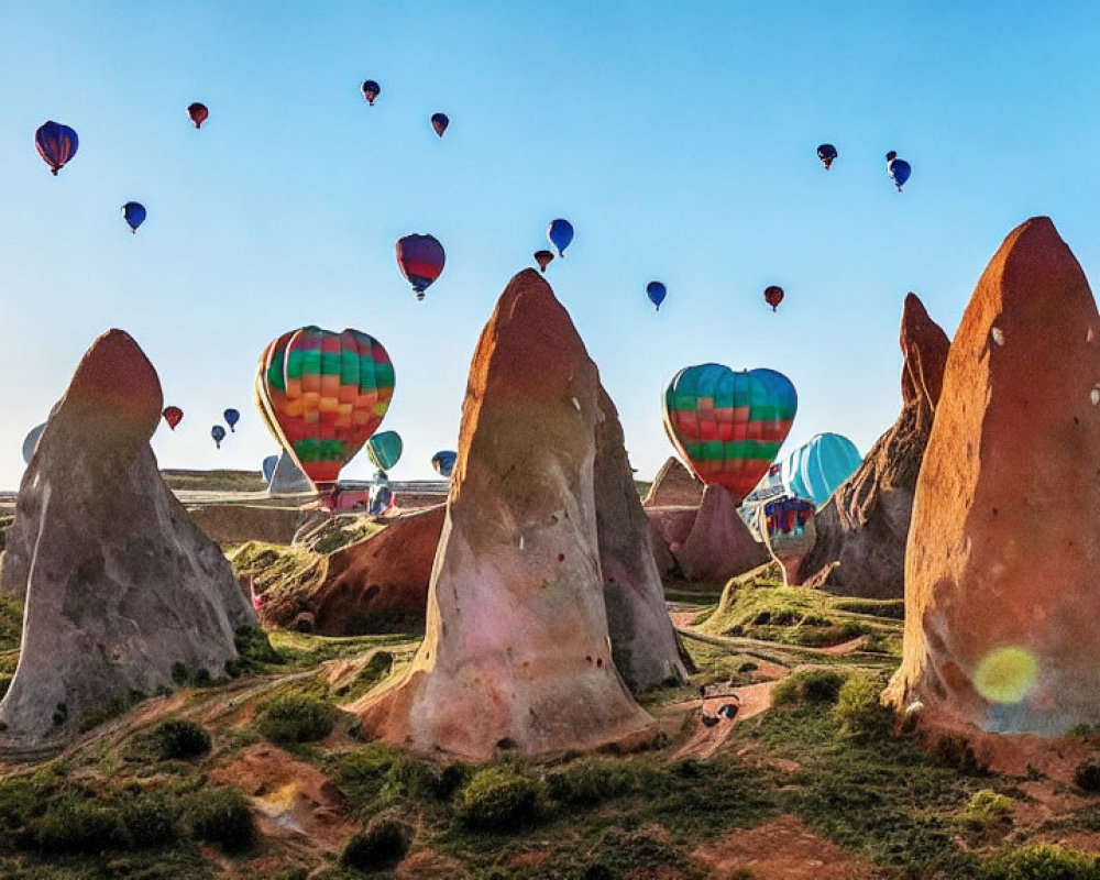 Colorful hot air balloons over rugged landscape with unique rock formations