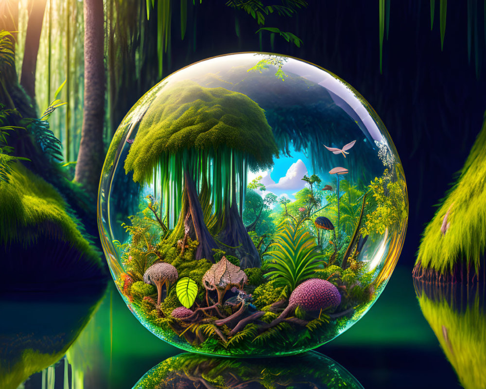 Transparent sphere showcasing lush greenery, mushrooms, and hummingbird in mystical forest