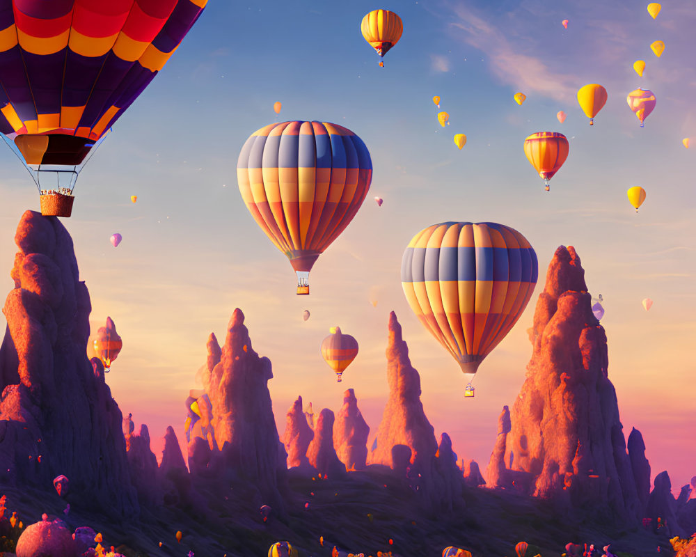 Colorful hot air balloons over whimsical sunset landscape.