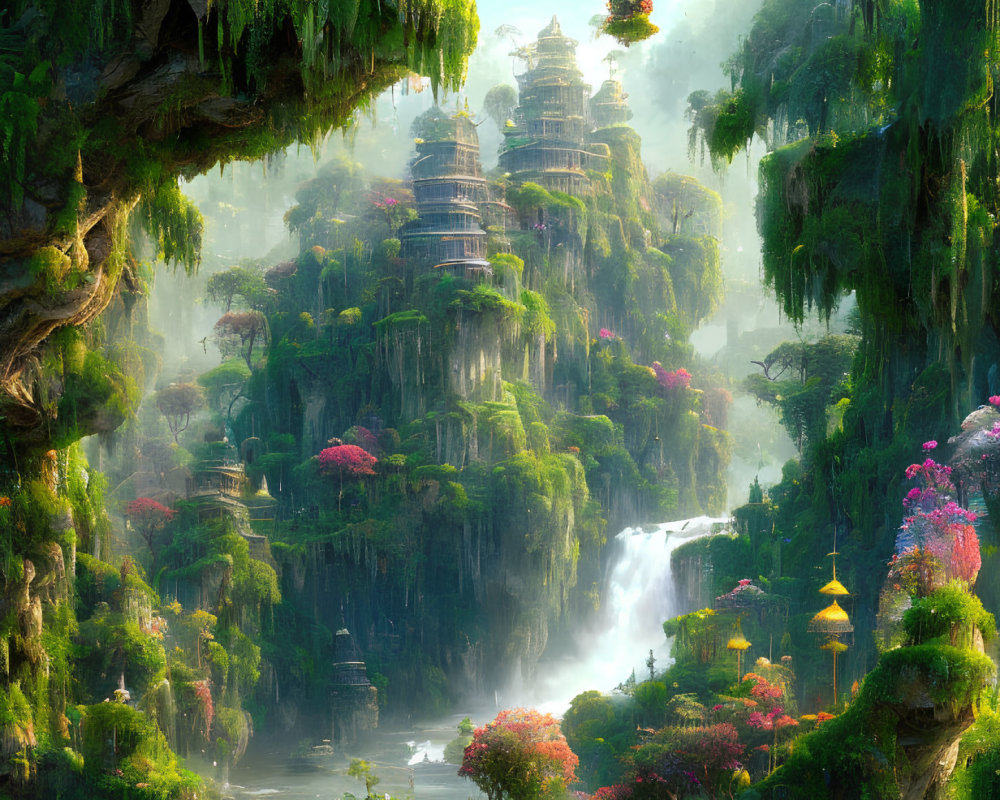 Vibrant fantasy landscape with waterfalls, exotic plants, and ancient temples