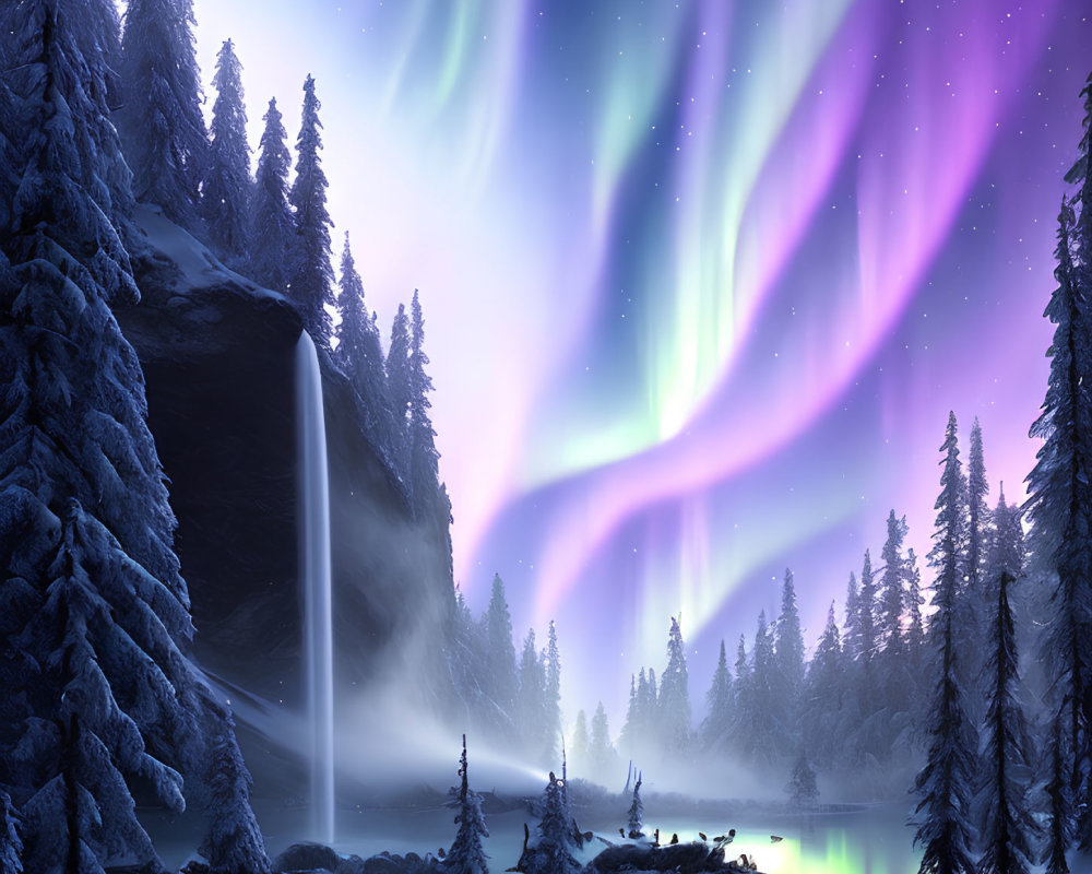 Snowy Dusk Landscape: Waterfall, Pine Trees, Lake, Aurora Borealis