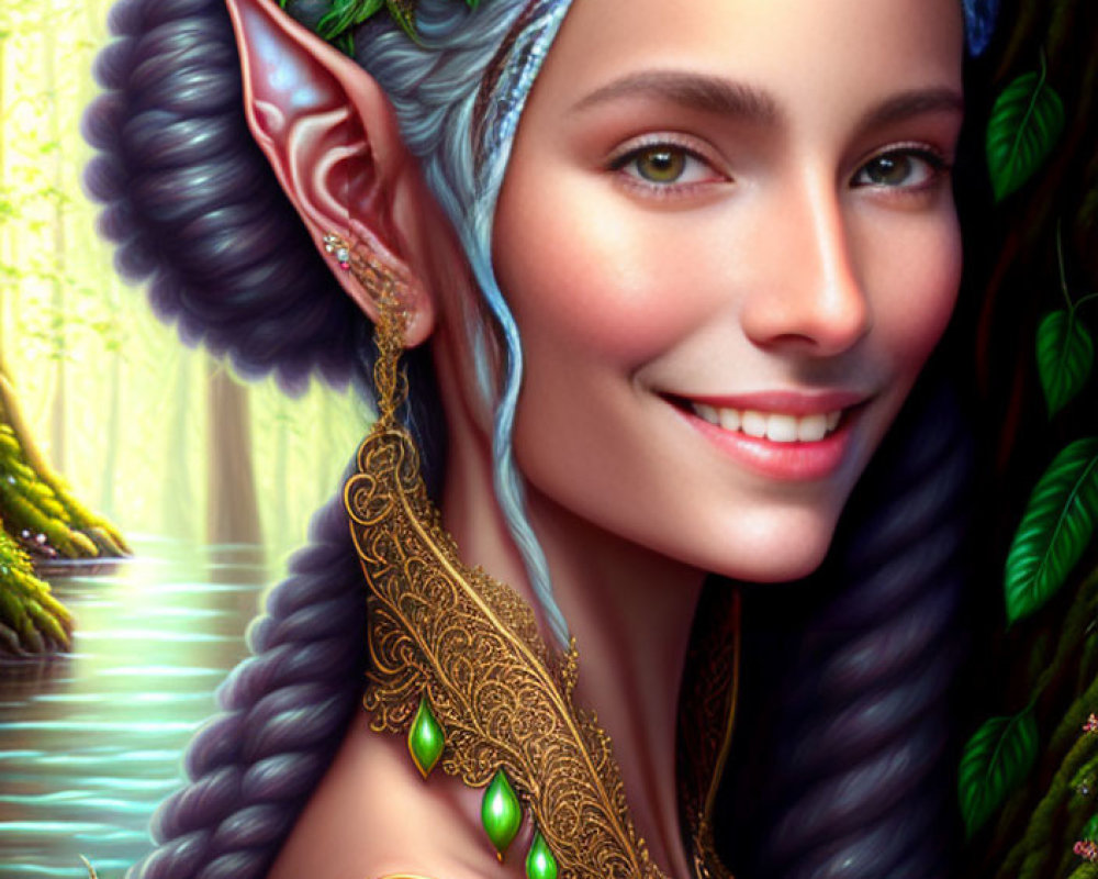 Smiling elf with blue hair and floral ears in gold armor